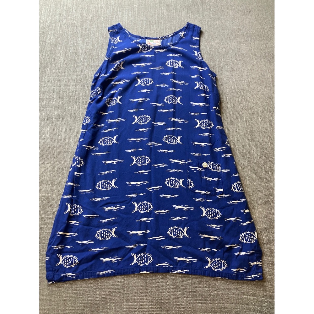 Club Mystique‎ Blue White Fish Print Rayon Sleeveless Shift Dress Womens Small